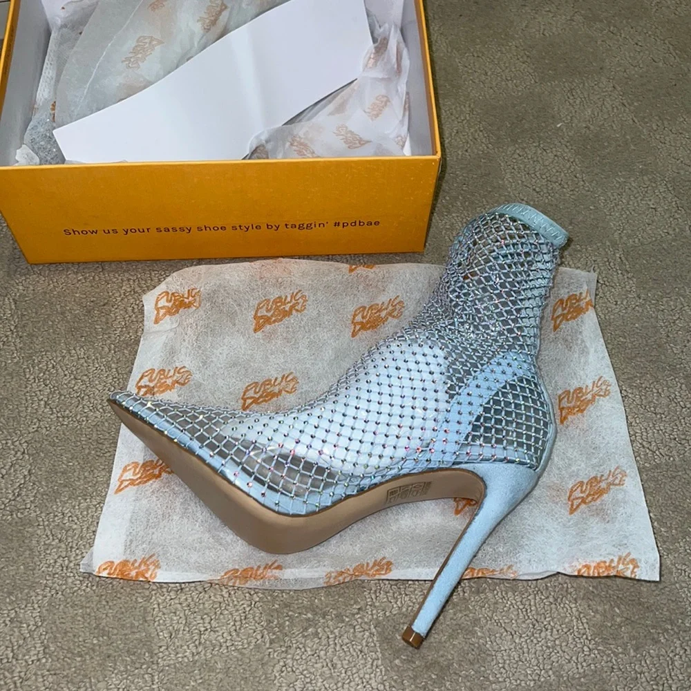 Public Desire Light Blue Crystal Bootie Sock Heels - Picture 1 of 5